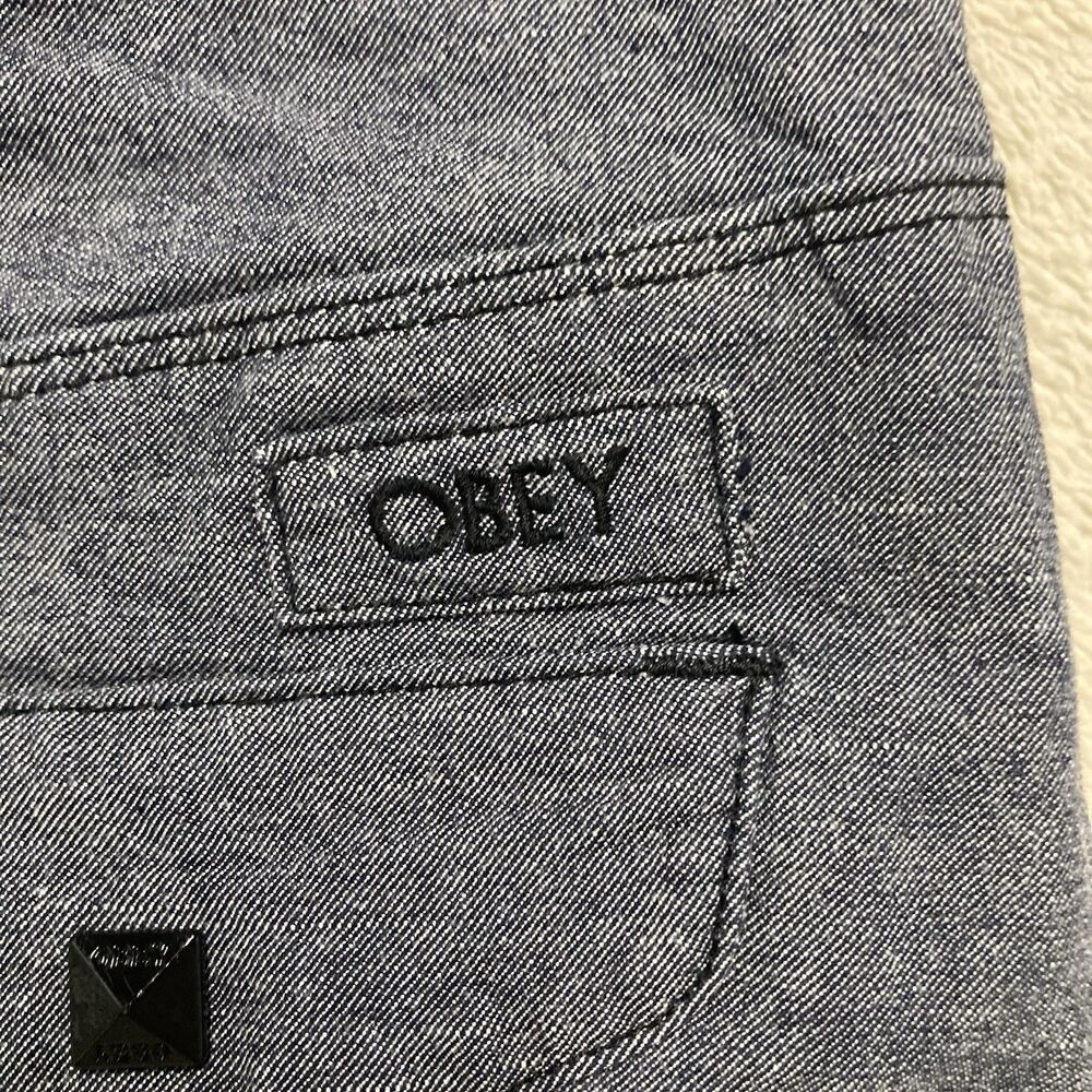 OBEY Propaganda Light Grey Denim Studded Mini Skirt Size 26 Logo Pockets - Picture 2 of 12